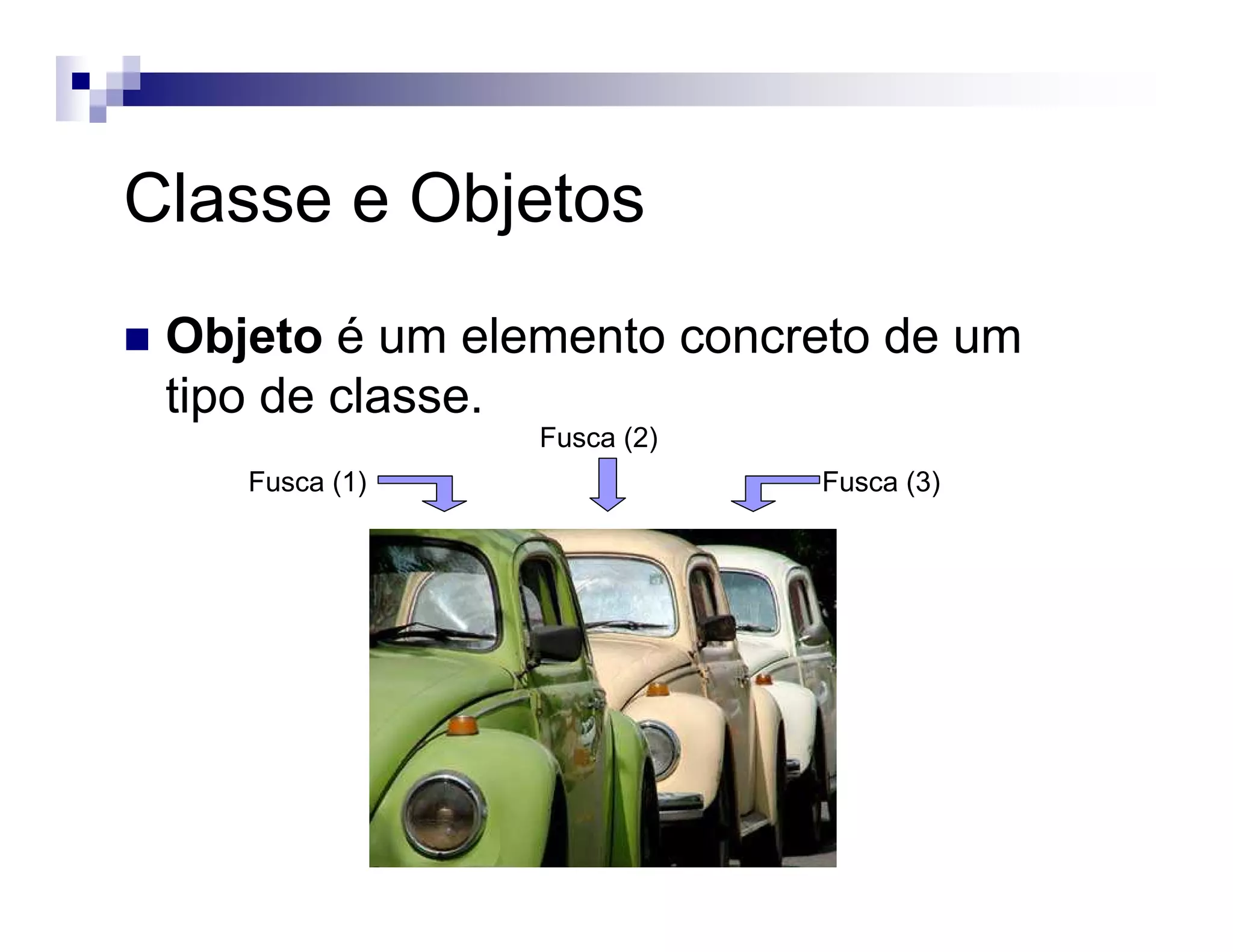Classe e Objetos
Objeto é um elemento concreto de um
tipo de classe.
Fusca (1)
Fusca (2)
Fusca (3)
 