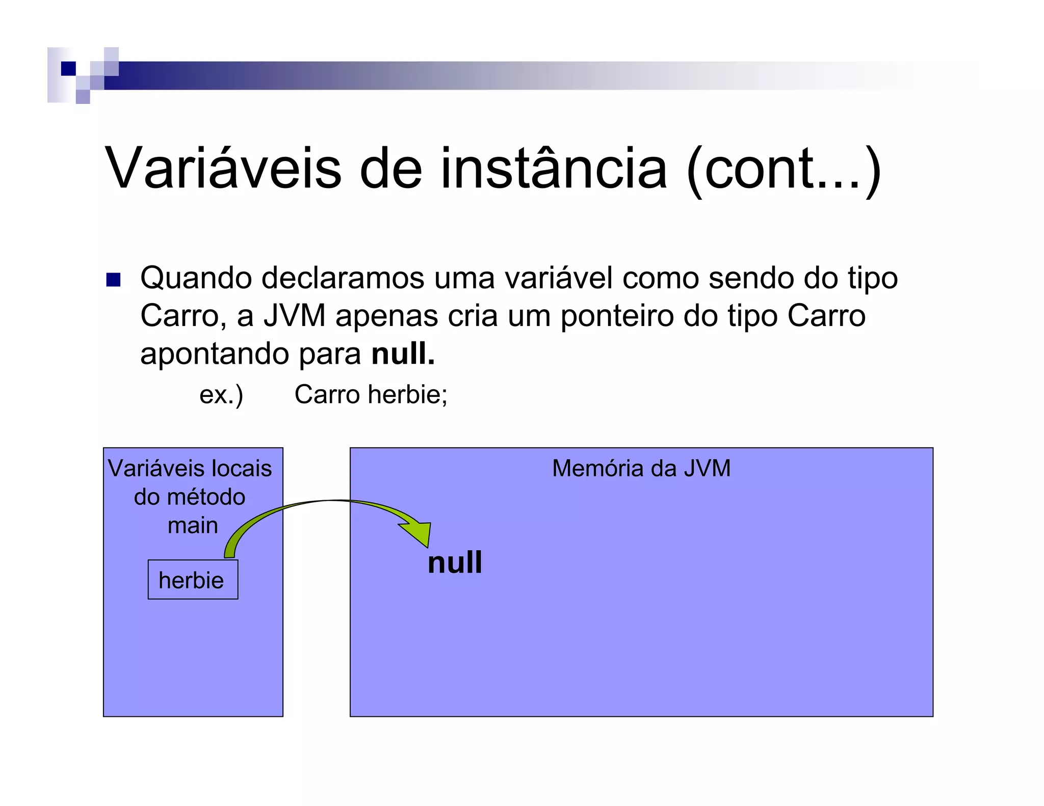 Memória da JVM
Variáveis de instância (cont...)
Variáveis locais
do método
main
herbie
Quando declaramos uma variável como sendo do tipo
Carro, a JVM apenas cria um ponteiro do tipo Carro
apontando para null.
ex.) Carro herbie;
null
 