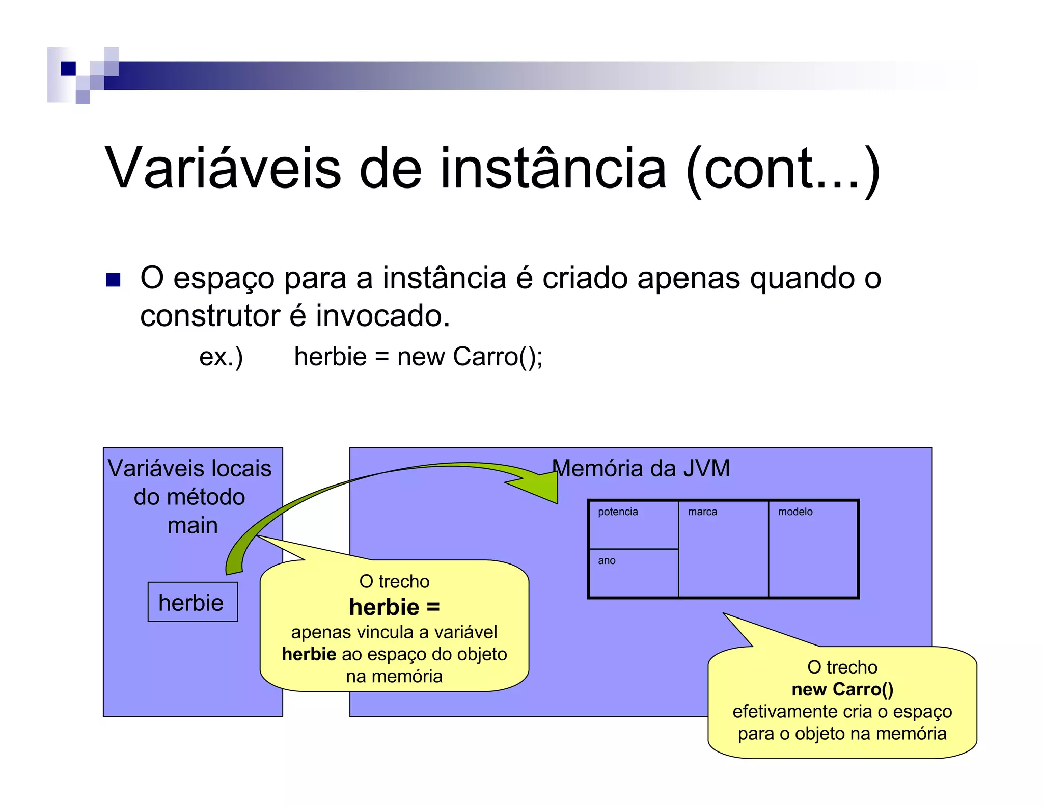 Variáveis de instância (cont...)
Memória da JVMVariáveis locais
do método
main
herbie
O espaço para a instância é criado apenas quando o
construtor é invocado.
ex.) herbie = new Carro();
O trecho
new Carro()
efetivamente cria o espaço
para o objeto na memória
ano
modelomarcapotencia
O trecho
herbie =
apenas vincula a variável
herbie ao espaço do objeto
na memória
 