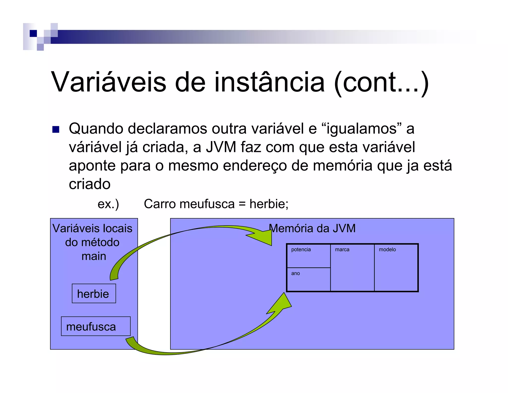 Variáveis de instância (cont...)
Memória da JVMVariáveis locais
do método
main
herbie
Quando declaramos outra variável e “igualamos” a
váriável já criada, a JVM faz com que esta variável
aponte para o mesmo endereço de memória que ja está
criado
ex.) Carro meufusca = herbie;
ano
modelomarcapotencia
meufusca
 