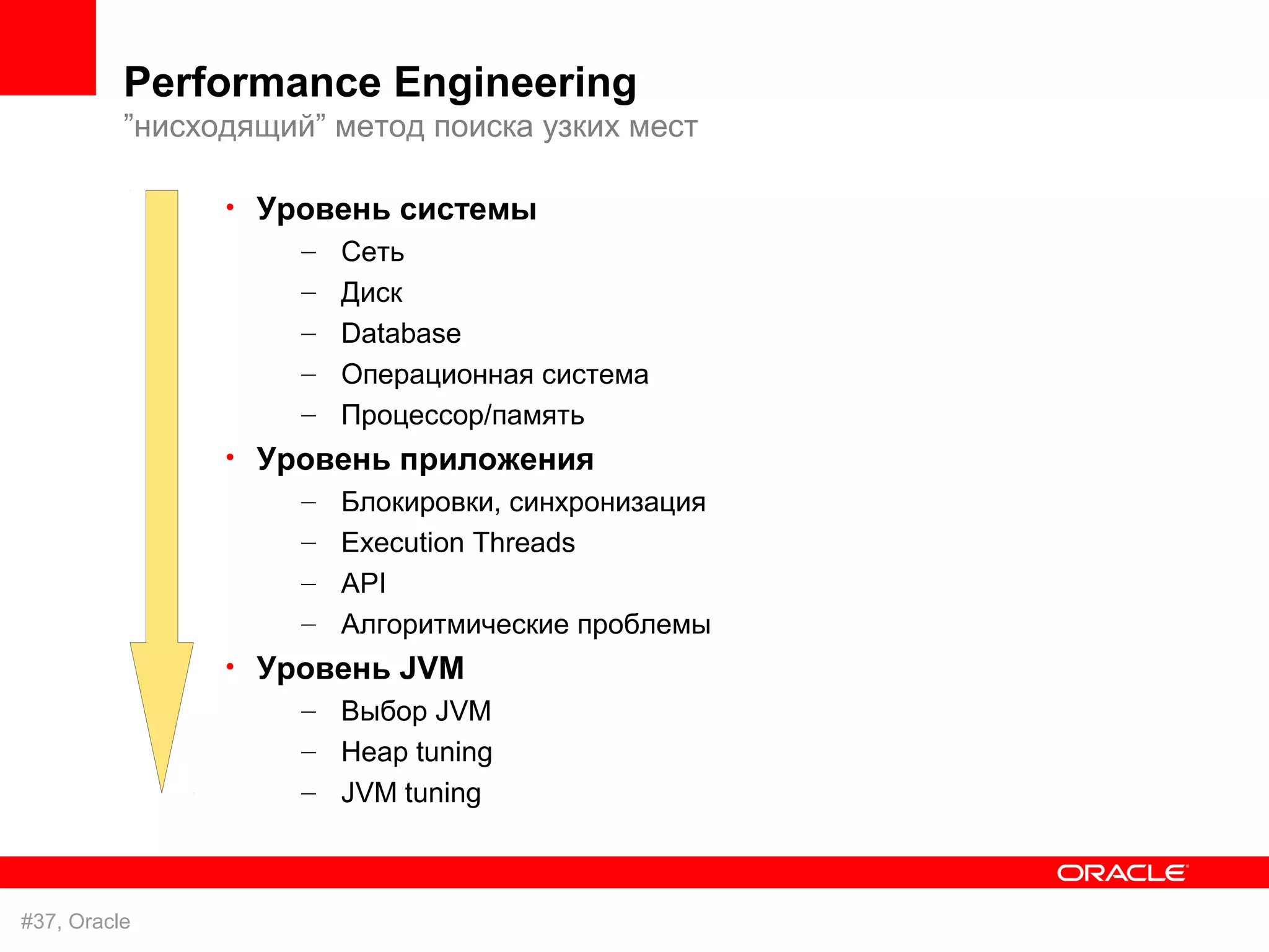 Performance Engineering
          ”нисходящий” метод поиска узких мест

                • Уровень системы
                    – Сеть
                     –   Диск
                     –   Database
                     –   Операционная система
                     –   Процессор/память
                • Уровень приложения
                    – Блокировки, синхронизация
                     – Execution Threads
                     – API
                     – Алгоритмические проблемы
                • Уровень JVM
                    – Выбор JVM
                     – Heap tuning
                     – JVM tuning



#37, Oracle
 