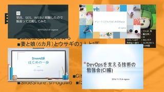 自己紹介
sh-ogawa
■東京生まれ・東京育ち
■妻と娘（6カ月）とウサギの3人と1匹
■名古屋でWeb開発
■ドラクエ10 ver.4中
SNSアカウント
■Twitter：@kroyeeg　　　■GitHub：sh-ogawa
■SlideShare：sh-ogawa　■はてブロ：sh-ogawa
 