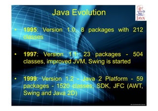 http://publicationslist.org/junio
Java Evolution
• 1995: Version 1.0, 8 packages with 212
classes
• 1997: Version 1.1: 23 packages - 504
classes, improved JVM, Swing is started
• 1999: Version 1.2 - Java 2 Platform - 59
packages - 1520 classes, SDK, JFC (AWT,
Swing and Java 2D)
 
