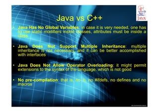 http://publicationslist.org/junio
Java vs C++
• Java Has No Global Variables: in case it is very needed, one has
to use static modifiers inside classes, attributes must be inside a
class
• Java Does Not Support Multiple Inheritance: multiple
inheritance is not necessary, and it can be better accomplished
with interfaces
• Java Does Not Allow Operator Overloading: it might permit
extensions to the syntax of the language, which is not good
• No pre-compilation: that is, no .h, no #ifdefs, no defines and no
macros
 
