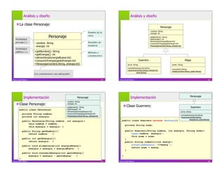 Análisis y diseño                                                                                 Análisis y diseño

     La clase Personaje:
                                                                                                                                                    Personaje
                                                                                                                                       - nombre: String
                                                                             Nombre de la                                              - energía: int

                                   Personaje                                 clase!
                                                                                                                                       +getNombre(): String
                                                                                                                                       +getEnergia(): int
   Visibilidad
                                                                                                                                       +alimentarse(energiaNueva:int)
   privada (-)!        - nombre: String                                      Variables de                                              +consumirEnergia(gastoEnergia:int)
                       - energía: int                                        instancia!                                                +Personaje(nombre:String, energia:int)
   Visibilidad
   pública (+)!        +getNombre(): String                                  Métodos y
                       +getEnergia(): int                                    constructores!
                       +alimentarse(energiaNueva:int)
                       +consumirEnergia(gastoEnergia:int)                                                                   Guerrero                                              Mago
                       +Personaje(nombre:String, energia:int)                                               -arma: String                                        -poder: String
                                                                                                            +combatir(energ:int):String
                                                                                                                                                                 +encantar():String
                                                                                                            +Guerrero(nombre:String, energía:int,
                                                                                                                                                                 +Mago(nombre:String, poder:String)
                                                                                                                      arma:String)
                       Los constructores van subrayados!

Franco Guidi Polanco                                                                         45   Franco Guidi Polanco                                                                                       46




                                                                                                                                                                                       Personaje
              Implementación                                     Personaje                                      Implementación
                                                    - nombre: String
     Clase Personaje:                              - energía: int
                                                                                                       Clase Guerrero:
                                                    +getNombre(): String                                                                                                                Guerrero
         public class Personaje{                    +getEnergia(): int
                                                    +alimentarse(energiaNueva:int)                                                                                          -arma: String
             private String nombre;                 +consumirEnergia(gastoEnergia:int)
                                                    +Personaje(nombre:String, energia:int)                                                                                  +combatir(energ:int):String
             private int energia;                                                                                                                                           +Guerrero(nombre:String,
                                                                                                                                                                                      energía:int, arma:String)
             public Personaje(String nombre, int energia){                                           public class Guerrero extends Personaje{
                  this.nombre = nombre;
                                                                                                         private String arma;
                  this.energia = energia; }
             public String getNombre(){                                                                  public Guerrero(String nombre, int energia, String arma){
                  return nombre;   }                                                                          super(nombre, energia);
                                                                                                              this.arma = arma;
             public int getEnergia(){                                                                    }
                  return energia; }                                                                      public String combatir(int energ){
             public void alimentarse(int energiaNueva){                                                       actualizaEnergia( -1*energ );
                  energia = energia + energiaNueva; }                                                         return arma + energ;
                                                                                                         }
             public void consumirEnergia(int gastoEnerg){
                  energia = energia - gastoEnerg;   }                                                }
         }
Franco Guidi Polanco                                                                         47   Franco Guidi Polanco                                                                                       48
 