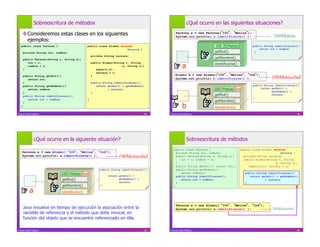 Sobreescritura de métodos                                                                  ¿Qué ocurre en las siguientes situaciones?

     Consideremos estas clases en los siguientes                                              Persona a = new Persona( 100 , Matías );
                                                                                               System.out.println( a.identificarse() );                      100Matías
      ejemplos:
  public class Persona {                       public class Alumno extends                                             100      Matías          public String identificarse(){
                                                                       Persona {                                                                    return rut + nombre;
      private String rut, nombre;                                                                                      getRut()                  }
                                                   private String carrera;
      public Persona(String r, String n){                                                                              getNombre()

                                                                                                     a
         rut = r;                                  public Alumno(String r, String
         nombre = n;                                                  n, String c){
                                                                                                                       identificarse()
      }                                               super(r,n);
                                                      carrera = c;
                                                                                               Alumno b = new Alumno( 100 , Matías , Ind );
      public String getRut(){
         return rut;
                                                   }
                                                                                               System.out.println( b.identificarse() );                    100MatíasInd
      }                                            public String identificarse(){
      public String getNombre(){                      return getRut() + getNombre()                                                             public String identificarse(){
         return nombre;                                      + carrera;                                               100 Matías Ind                 return getRut() +
      }                                            }                                                                                                        getNombre() +
      public String identificarse(){                                                                                   getRut()                             carrera;
                                                                                                                                                }
         return rut + nombre;                  }
                                                                                                                       getNombre()
                                                                                                     b
      }
  }
                                                                                                                       identificarse()
Franco Guidi Polanco                                                                  61   Franco Guidi Polanco                                                             62




              ¿Qué ocurre en la siguiente situación?                                                     Sobreescritura de métodos
                                                                                              public class Persona {                     public class Alumno extends
   Persona a = new Alumno( 100 , Matías , Ind );                                                private String rut, nombre;                                      Persona {
   System.out.println( a.identificarse() );                        100MatíasInd                 public Persona(String r, String n){
                                                                                                   rut = r; nombre = n;
                                                                                                                                           private String carrera;
                                                                                                                                           public Alumno(String r, String
                                                                                                }                                                             n, String c){
                                                                                                public String getRut(){ return rut;}          super(r,n); carrera = c;
                                                        public String identificarse(){          public String getNombre(){                 }
                            100 Matías Ind                   return getRut() +
                                                                                                   return nombre;}                         public String identificarse(){
                                                                                                                                            public String identificarse(){
                                                                                                public String identificarse(){                return getRut() + getNombre()
                                                                                                                                               return getRut() + getNombre()
                             getRut()                               getNombre() +                  return rut + nombre;                              + carrera;
                                                                                                                                                        + carrera;
                                                                    carrera;                    }                                          }}
                             getNombre()                }                                     }                                          }

          a                  identificarse()


                                                                                               Persona a = new Alumno( 100 , Matías , Ind );
      Java resuelve en tiempo de ejecución la asociación entre la                              System.out.println( a.identificarse() );                     100MatíasInd
      variable de referencia y el método que debe invocar, en
      función del objeto que se encuentre referenciado en ella.

Franco Guidi Polanco                                                                  63   Franco Guidi Polanco                                                             64
 