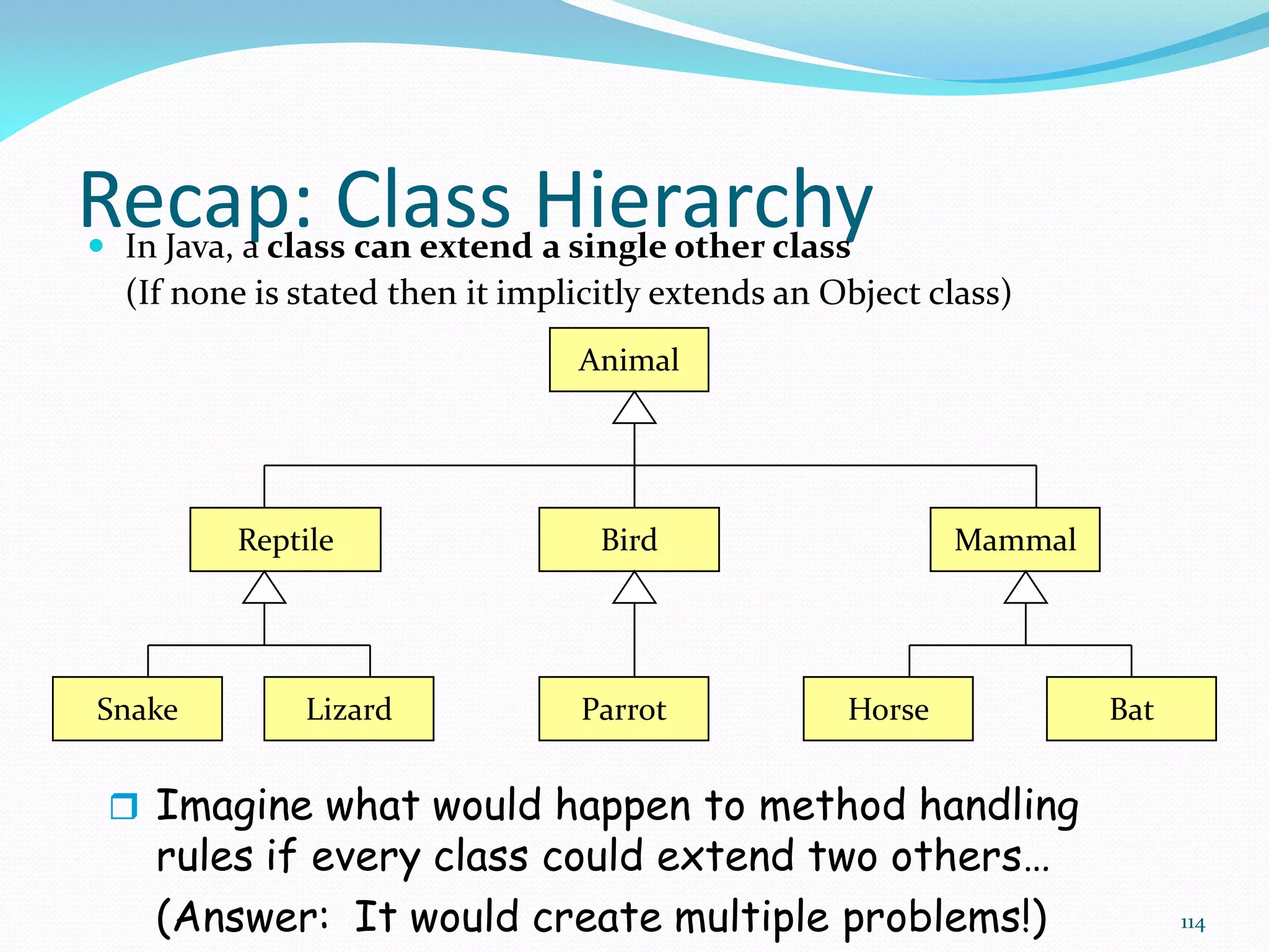 114
Recap: Class Hierarchy
 In Java, a class can extend a single other class
(If none is stated then it implicitly extends an Object class)
Animal
Reptile Bird Mammal
Snake Lizard Bat
Horse
Parrot
 Imagine what would happen to method handling
rules if every class could extend two others…
(Answer: It would create multiple problems!)
 