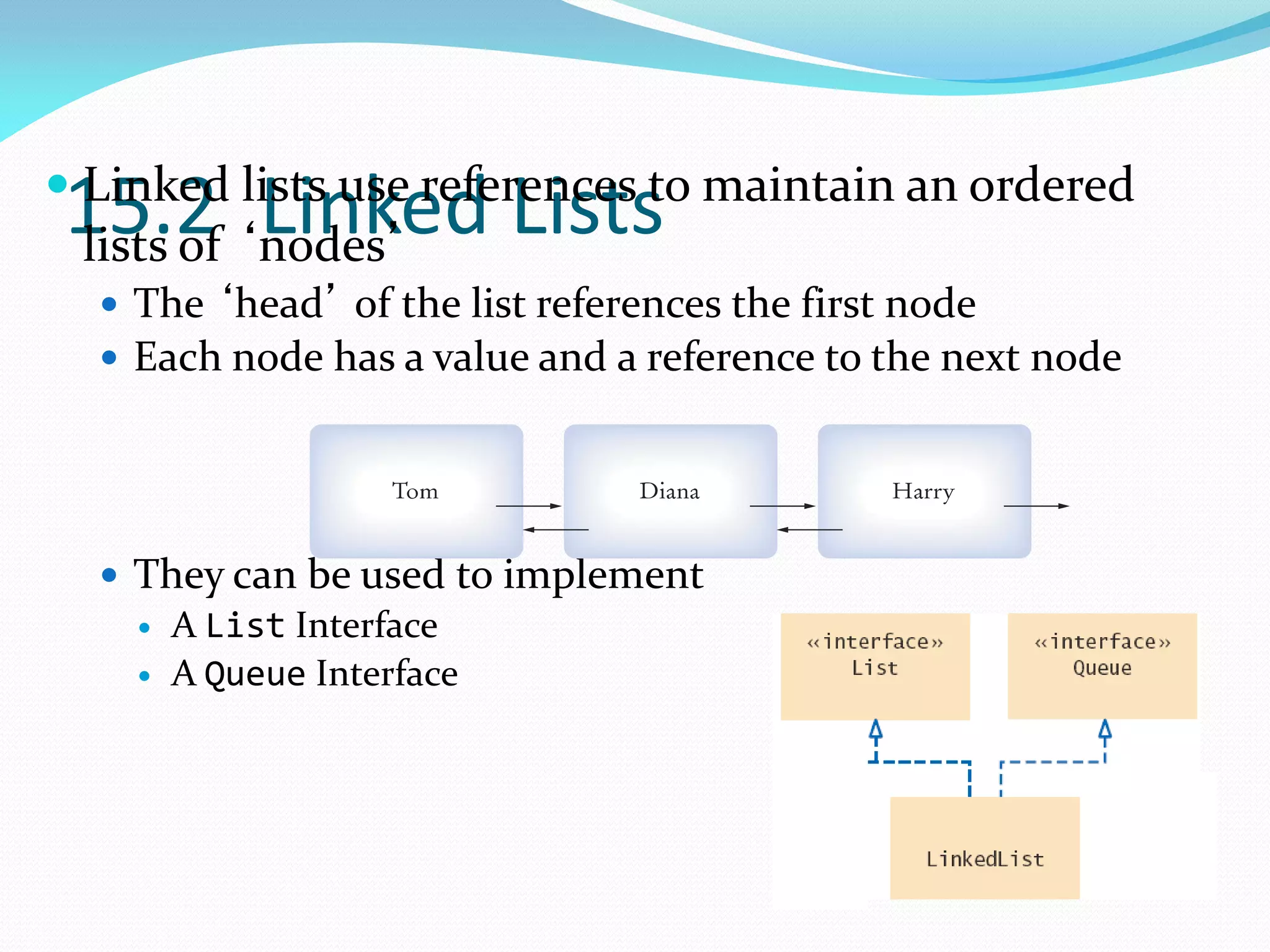 15.2 Linked Lists
 Linked lists use references to maintain an ordered
lists of ‘nodes’
 The ‘head’ of the list references the first node
 Each node has a value and a reference to the next node
 They can be used to implement
 A List Interface
 A Queue Interface
 