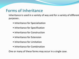 Forms of Inheritance
Inheritance is used in a variety of way and for a variety of different
purposes .
• Inheritance for Specialization
• Inheritance for Specification
• Inheritance for Construction
• Inheritance for Extension
• Inheritance for Limitation
• Inheritance for Combination
One or many of these forms may occur in a single case.
 