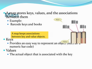 Maps
 A map stores keys, values, and the associations
between them
 Example:
 Barcode keys and books
 Keys
 Provides an easy way to represent an object (such as a
numeric bar code)
 Values
 The actual object that is associated with the key
A map keeps associations
between key and value objects.
 