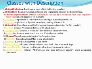 Classes with Description
1AbstractCollection -Implements most of the Collection interface.
2AbstractList -Extends AbstractCollection and implements most of the List interface.
3AbstractSequentialList Extends AbstractList for use by a collection that uses sequential
rather than random access of its elements.
4LinkedList -Implements a linked list by extending AbstractSequentialList.
5ArrayList -Implements a dynamic array by extending AbstractList.
6AbstractSet -Extends AbstractCollection and implements most of the Set interface.
7HashSet -Extends AbstractSet for use with a hash table.
8LinkedHashSet -Extends HashSet to allow insertion-order iterations.
9TreeSet -Implements a set stored in a tree. Extends AbstractSet.
10AbstractMap -Implements most of the Map interface.
11HashMap -Extends AbstractMap to use a hash table.
12TreeMap -Extends AbstractMap to use a tree.
13WeakHashMap -Extends AbstractMap to use a hash table with weak keys.
14LinkedHashMap-Extends HashMap to allow insertion-order iterations.
15IdentityHashMap -Extends AbstractMap and uses reference equality when comparing
documents.
 