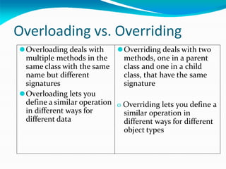 Overloading vs. Overriding
⚫Overloading deals with
multiple methods in the
same class with the same
name but different
signatures
⚫Overriding deals with two
methods, one in a parent
class and one in a child
class, that have the same
signature
⚫Overloading lets you
define a similar operation
in different ways for
different data
o Overriding lets you define a
similar operation in
different ways for different
object types
 