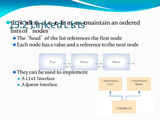 ⚫
1L
5i
n
.k
2e
dl
i
Ls
t
is
nu
ks
e
er
e
df
e
r
Le
n
isc
e
ts
st
o
maintain an ordered
lists of ‘nodes’
⚫The ‘head’ of the list references the first node
⚫Each node has avalue and a reference to the next node
⚫Theycan be used to implement
⚫ A List Interface
⚫ A Queue Interface
 