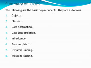 Summary of OOPS
The following are the basic oops concepts: They are as follows:
1. Objects.
2. Classes.
3. Data Abstraction.
4. Data Encapsulation.
5. Inheritance.
6. Polymorphism.
7. Dynamic Binding.
8. Message Passing.
 