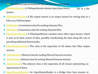 ⚫ File: An abstractrepresentationof file and directorypathnames.
file in a file
⚫ FileInputStream: A FileInputStream obtains input bytes from a
system.
⚫ FileOutputStream: A file output stream is an output stream for writing data to a
Fileor toa FileDescriptor.
⚫ FileReader: Convenienceclass for reading characterfiles.
⚫ FileWriter: Convenienceclass forwriting characterfiles.
⚫ FilterInputStream: A FilterInputStream contains some other input stream, which
it uses as its basic source of data, possibly transforming the data along the way or
providing additional functionality.
⚫ FilterOutputStream: This class is the superclass of all classes that filter output
streams
⚫ .FilterReader: Abstractclass for reading filtered characterstreams
⚫ .FilterWriter: Abstractclass forwriting filtered characterstreams
⚫ .InputStream: This abstract class is the superclass of all classes representing an
inputstream of bytes.
⚫ InputStreamReader: An InputStreamReader is a bridge from byte streams to
 