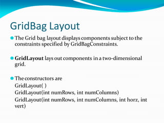 GridBag Layout
⚫The Grid bag layoutdisplays components subject to the
constraints specified by GridBagConstraints.
⚫GridLayout lays outcomponents in a two-dimensional
grid.
⚫Theconstructors are
GridLayout( )
GridLayout(int numRows, int numColumns)
GridLayout(int numRows, int numColumns, int horz, int
vert)
 