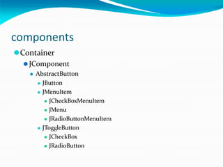 components
⚫Container
⚫JComponent
⚫ AbstractButton
⚫ JButton
⚫ JMenuItem
⚫ JCheckBoxMenuItem
⚫ JMenu
⚫ JRadioButtonMenuItem
⚫ JToggleButton
⚫ JCheckBox
⚫ JRadioButton
 