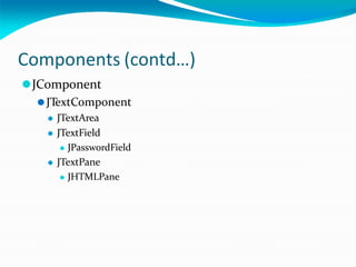 Components (contd…)
⚫JComponent
⚫JTextComponent
⚫ JTextArea
⚫ JTextField
⚫ JPasswordField
⚫ JTextPane
⚫ JHTMLPane
 