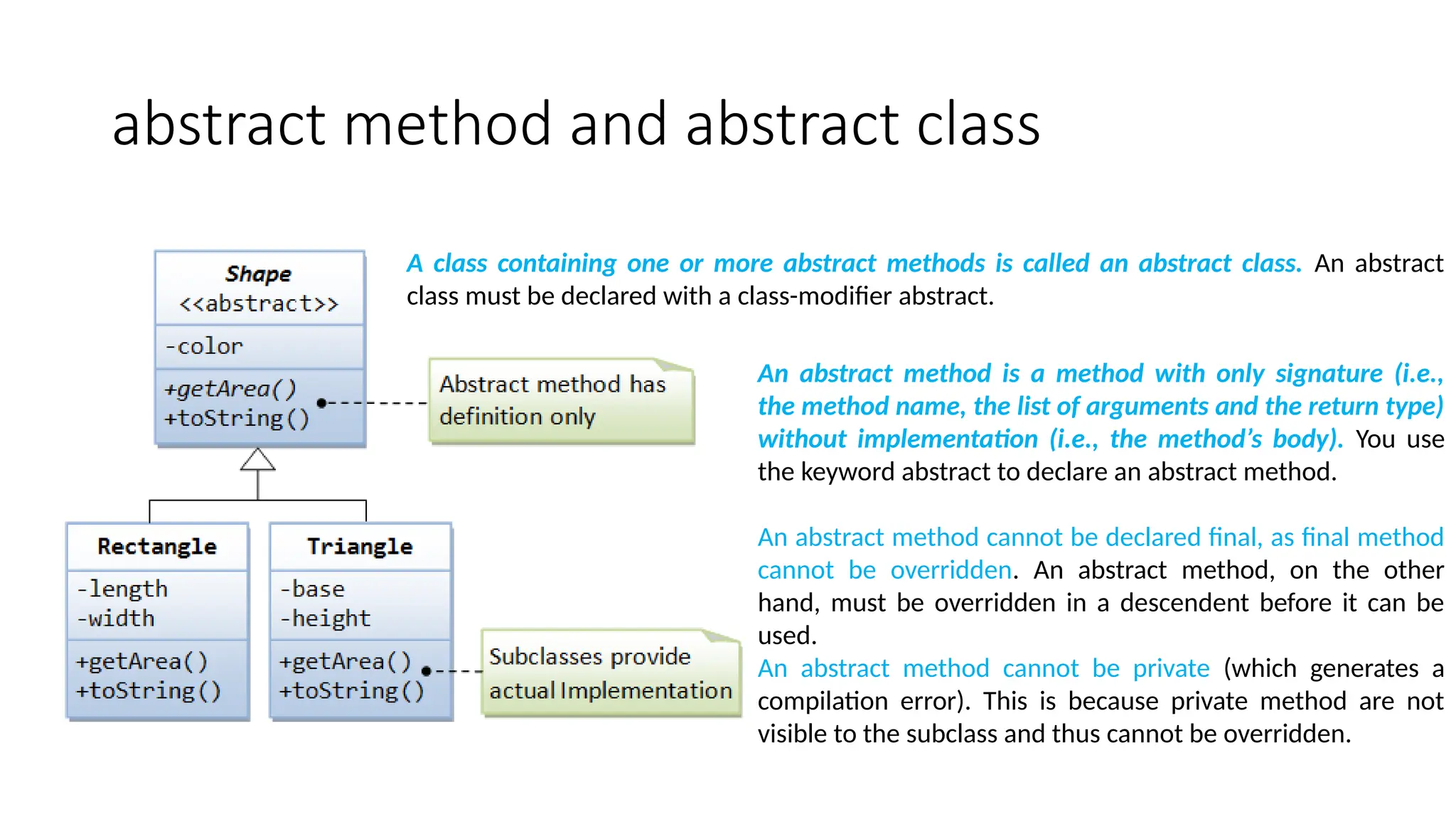 abstract method and abstract class
An abstract method is a method with only signature (i.e.,
the method name, the list of arguments and the return type)
without implementation (i.e., the method’s body). You use
the keyword abstract to declare an abstract method.
An abstract method cannot be declared final, as final method
cannot be overridden. An abstract method, on the other
hand, must be overridden in a descendent before it can be
used.
An abstract method cannot be private (which generates a
compilation error). This is because private method are not
visible to the subclass and thus cannot be overridden.
A class containing one or more abstract methods is called an abstract class. An abstract
class must be declared with a class-modifier abstract.
 