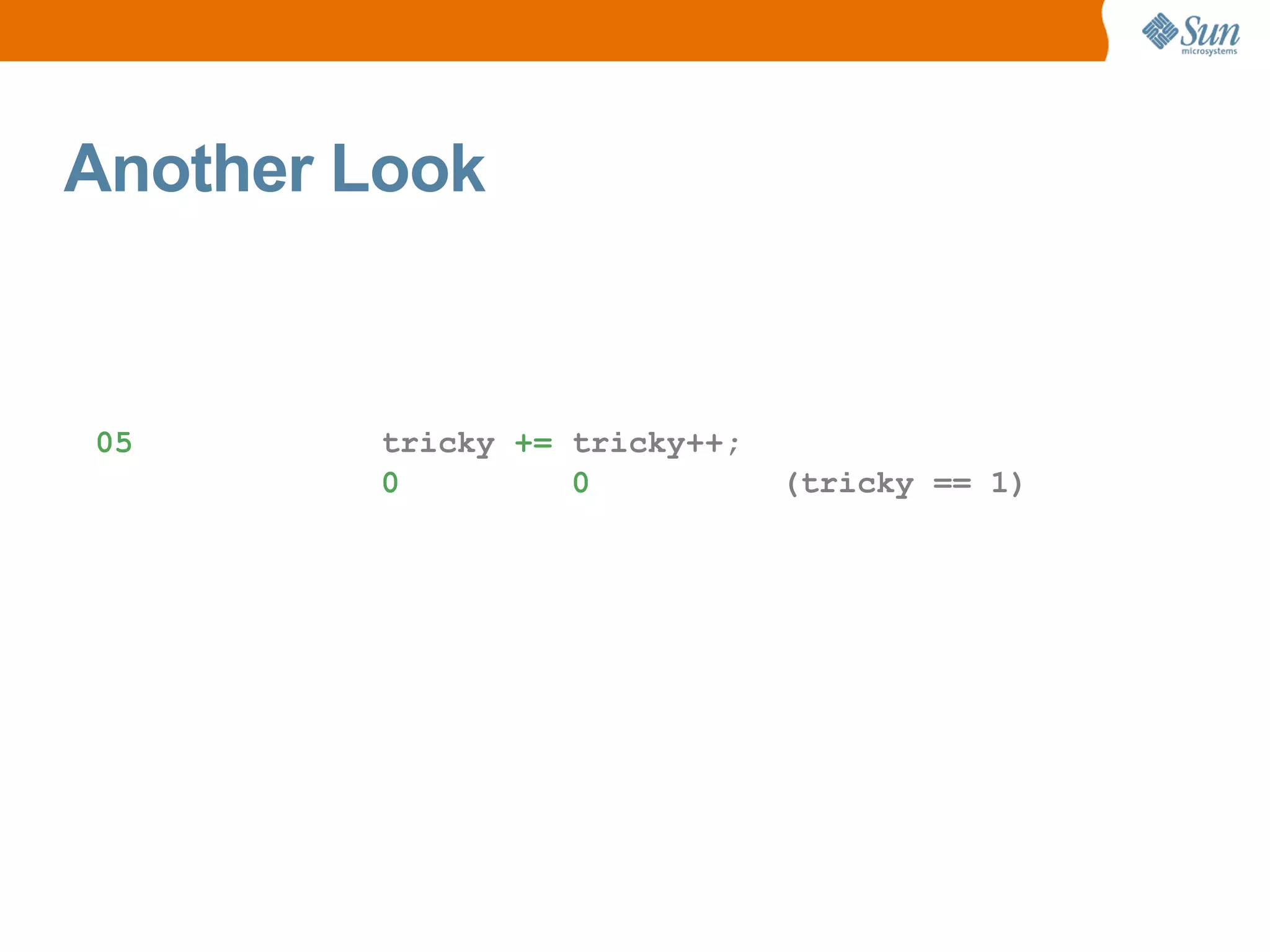 Another Look


05       tricky += tricky++;
         0         0           (tricky == 1)
 