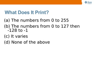 What Does It Print?
(a) The numbers from 0 to 255
(b) The numbers from 0 to 127 then
  -128 to -1
(c) It varies
(d) None of the above
 
