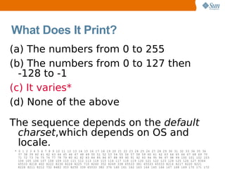What Does It Print?
(a) The numbers from 0 to 255
(b) The numbers from 0 to 127 then
  -128 to -1
(c) It varies*
(d) None of the above

The sequence depends on the default
 charset,which depends on OS and
 locale.
* 0 1 2 3 4 5 6 7 8 9 10 11 12 13 14 15 16 17 18 19 20 21 22 23 24 25 26 27 28 29 30 31 32 33 34 35 36
  37 38 39 40 41 42 43 44 45 46 47 48 49 50 51 52 53 54 55 56 57 58 59 60 61 62 63 64 65 66 67 68 69 70
  71 72 73 74 75 76 77 78 79 80 81 82 83 84 85 86 87 88 89 90 91 92 93 94 95 96 97 98 99 100 101 102 103
  104 105 106 107 108 109 110 111 112 113 114 115 116 117 118 119 120 121 122 123 124 125 126 127 8364
  65533 8218 402 8222 8230 8224 8225 710 8240 352 8249 338 65533 381 65533 65533 8216 8217 8220 8221
  8226 8211 8212 732 8482 353 8250 339 65533 382 376 160 161 162 163 164 165 166 167 168 169 170 171 172
 
