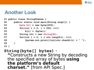 Another Look
01 public class StringCheese {
02     public static void main(String args[]) {
03         byte b[] = new byte[256];
04         for(int i = 0; i < 256; i++)
05             b[i] = (byte)i;
06         String str = new String(b);
07         for(int i = 0; i < str.length(); i++)
08             System.out.print((int)str.charAt(i) + " ");
09     }
10 }

String(byte[] bytes) -
 “Constructs a new String by decoding
 the specified array of bytes using
 the platform’s default
 charset.” [from API Spec.]
 