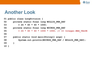 Another Look
01 public class LongDivision {
02     private static final long MILLIS_PER_DAY
03         = 24 * 60 * 60 * 1000;
04     private static final long MICROS_PER_DAY
05         = 24 * 60 * 60 * 1000 * 1000; // >> Integer.MAX_VALUE
06
07     public static void main(String[] args) {
08         System.out.println(MICROS_PER_DAY / MILLIS_PER_DAY);
09     }
10 }
 