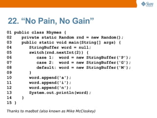 22. “No Pain, No Gain”
01 public class Rhymes {
02    private static Random rnd = new Random();
03    public static void main(String[] args) {
04       StringBuffer word = null;
05       switch(rnd.nextInt(2)) {
06          case 1: word = new StringBuffer('P');
07          case 2: word = new StringBuffer('G');
08          default: word = new StringBuffer('M');
09       }
10       word.append('a');
11       word.append('i');
12       word.append('n');
13       System.out.println(word);
14    }
15 }

Thanks to madbot (also known as Mike McCloskey)
 