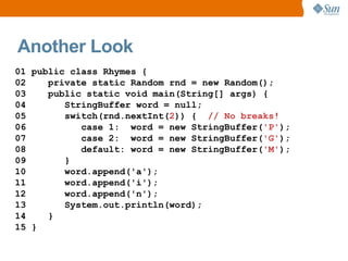 Another Look
01 public class Rhymes {
02    private static Random rnd = new Random();
03    public static void main(String[] args) {
04       StringBuffer word = null;
05       switch(rnd.nextInt(2)) { // No breaks!
06          case 1: word = new StringBuffer('P');
07          case 2: word = new StringBuffer('G');
08          default: word = new StringBuffer('M');
09       }
10       word.append('a');
11       word.append('i');
12       word.append('n');
13       System.out.println(word);
14    }
15 }
 