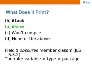 What Does It Print?
(a) Black
(b) White
(c) Won’t compile
(d) None of the above

Field Y obscures member class Y (JLS
  6.3.2)
The rule: variable > type > package
 
