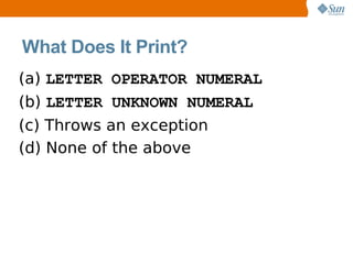 What Does It Print?
(a) LETTER OPERATOR NUMERAL
(b) LETTER UNKNOWN NUMERAL
(c) Throws an exception
(d) None of the above
 