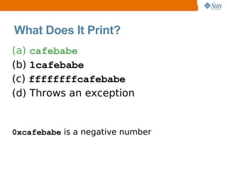 What Does It Print?
(a) cafebabe
(b) 1cafebabe
(c) ffffffffcafebabe
(d) Throws an exception


0xcafebabe is a negative number
 