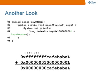 Another Look
01 public class JoyOfHex {
02      public static void main(String[] args) {
03          System.out.println(
04              Long.toHexString(0x100000000L +
   0xcafebabe));
05      }
06 }



           1 1 1 1 1 1 1

       0xffffffffcafebabeL
     + 0x0000000100000000L
       0x00000000cafebabeL
 