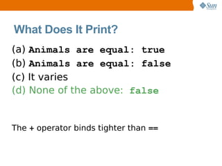 What Does It Print?
(a) Animals are equal: true
(b) Animals are equal: false
(c) It varies
(d) None of the above: false


The + operator binds tighter than ==
 