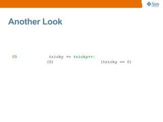 Another Look


05       tricky += tricky++;
        (0)                    (tricky == 0)
 