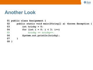 Another Look
01 public class Assignment {
02     public static void main(String[] a) throws Exception {
03         int tricky = 0;
04         for (int i = 0; i < 3; i++)
05             tricky += tricky++;
06         System.out.println(tricky);
07     }
08 }
 