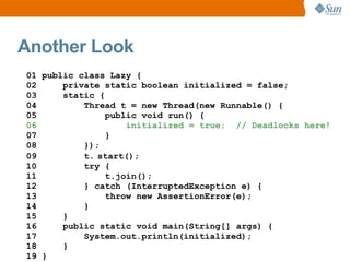Another Look
01 public class Lazy {
02     private static boolean initialized = false;
03     static {
04         Thread t = new Thread(new Runnable() {
05              public void run() {
06                  initialized = true; // Deadlocks here!
07              }
08         });
09         t. start();
10         try {
11              t.join();
12         } catch (InterruptedException e) {
13              throw new AssertionError(e);
14         }
15     }
16     public static void main(String[] args) {
17         System.out.println(initialized);
18     }
19 }
 