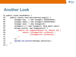 Another Look
01 public class SordidSort {
02     public static void main(String args[]) {
03         Integer big   = new Integer( 2000000000);
04         Integer small = new Integer(-2000000000);
05         Integer zero = new Integer(0);
06         Integer[] a = new Integer[] {big,small,zero};
07         Arrays.sort(a, new Comparator() {
08             public int compare(Object o1, Object o2) {
09                 return ((Integer)o2).intValue() -
10                        ((Integer)o1).intValue();
11             }
12         });
13         System.out.println(Arrays.asList(a));
14     }
15 }
 