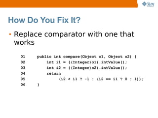 How Do You Fix It?
• Replace comparator with one that
  works
   01   public int compare(Object o1, Object o2) {
   02       int i1 = ((Integer)o1).intValue();
   03       int i2 = ((Integer)o2).intValue();
   04       return
   05            (i2 < i1 ? -1 : (i2 == i1 ? 0 : 1));
   06   }
 