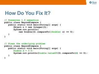 How Do You Fix It?
// Preserves 1.4 semantics
public class BeyondCompare {
   public static void main(String[] args) {
       Object o = new Integer(3);
       System.out.println(
           new Double(3).compareTo((Double) o) == 0);
   }
}


// Fixes the underlying problem
public class BeyondCompare {
   public static void main(String[] args) {
       Double d = 3.0;
       System.out.println(Double.valueOf(3).compareTo(d) == 0);
   }
}
 