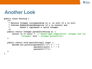 Another Look
public class Parsing {
   /**
     * Returns Integer corresponding to s, or null if s is null.
     * @throws NumberFormatException if s is nonnull and
     *         doesn't represent a valid integer.
     */
   public static Integer parseInt(String s) {
        return (s == null) ? // Mixed-type computation: Integer and int
                (Integer) null : Integer.parseInt(s);
   }

    public static void main(String[] args) {
        System.out.println(parseInt("-1") + " " +
                           parseInt(null) + " " +
                           parseInt("1"));
    }
}
 
