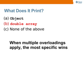 What Does It Print?
(a) Object
(b) double array
(c) None of the above


   When multiple overloadings
   apply, the most specific wins
 