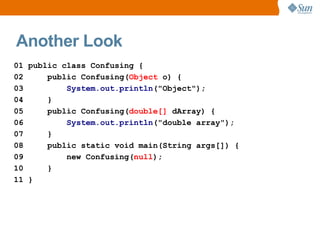 Another Look
01 public class Confusing {
02     public Confusing(Object o) {
03         System.out.println("Object");
04     }
05     public Confusing(double[] dArray) {
06         System.out.println("double array");
07     }
08     public static void main(String args[]) {
09         new Confusing(null);
10     }
11 }
 