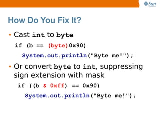 How Do You Fix It?
• Cast int to byte
 if (b == (byte)0x90)
   System.out.println("Byte me!");
• Or convert byte to int, suppressing
  sign extension with mask
  if ((b & 0xff) == 0x90)
    System.out.println("Byte me!");
 