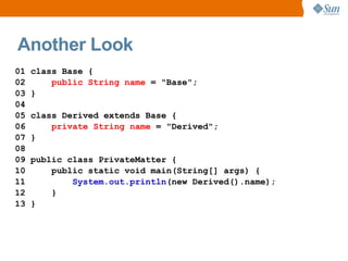 Another Look
01   class Base {
02       public String name = "Base";
03   }
04
05   class Derived extends Base {
06       private String name = "Derived";
07   }
08
09   public class PrivateMatter {
10       public static void main(String[] args) {
11           System.out.println(new Derived().name);
12       }
13   }
 