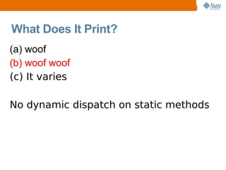 What Does It Print?
(a) woof
(b) woof woof
(c) It varies

No dynamic dispatch on static methods
 