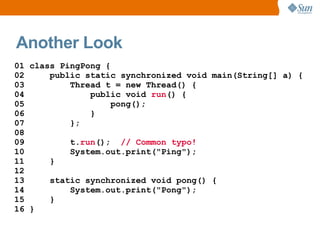 Another Look
01 class PingPong {
02     public static synchronized void main(String[] a) {
03         Thread t = new Thread() {
04             public void run() {
05                  pong();
06             }
07         };
08
09         t.run(); // Common typo!
10         System.out.print("Ping");
11     }
12
13     static synchronized void pong() {
14         System.out.print("Pong");
15     }
16 }
 