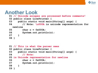 Another Look are processed before comments!
 01 // Unicode escapes
  02 public class LinePrinter {
  03     public static void main(String[] args) {
  04        // Note: u000A is unicode representation for
     newline
  05        char c = 0x000A;
  06        System.out.println(c);
  07     }
  08 }


  01   // This is what the parser sees
  02   public class LinePrinter {
  03      public static void main(String[] args) {
  04         // Note:
  05   is Unicode representation for newline
  06         char c = 0x000A;
  07         System.out.println(c);
  08      }
  09   }
 