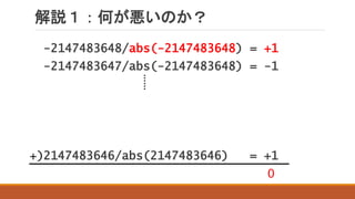 解説１：何が悪いのか？
-2147483648/abs(-2147483648) = +1
-2147483647/abs(-2147483648) = -1
2147483646/abs(2147483646) = +1+)
……
0
 